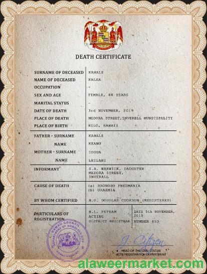 Hawaii vital record death certificate PSD template